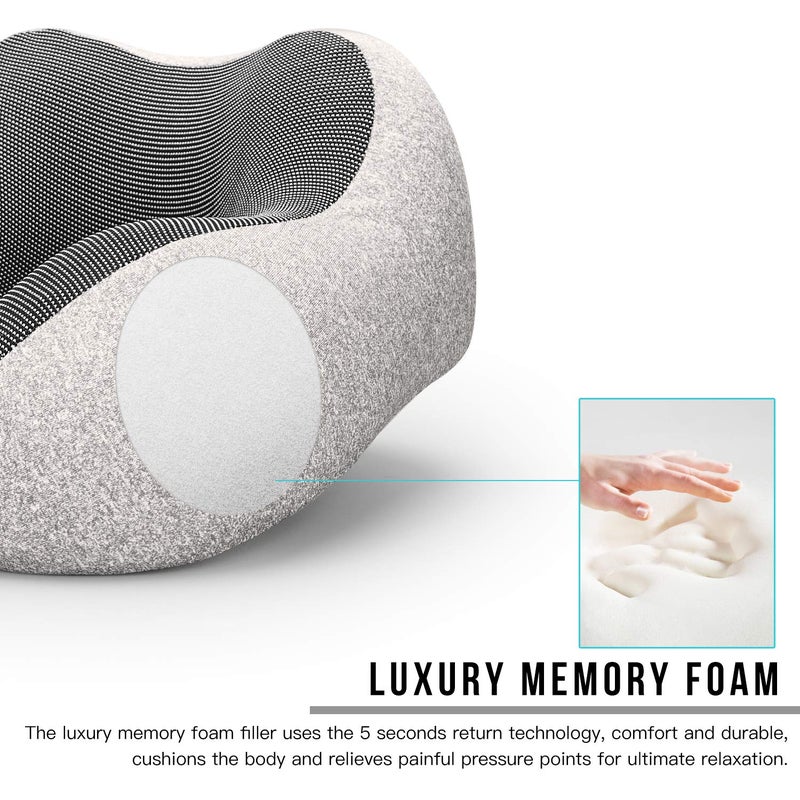 MLVOC Travel Pillow 100% Pure Memory Foam Neck Pillow, Comfortable & Breathable Cover, Machine Washable, Airplane Travel Kit with 3D Sleep Mask, Earplugs, and Luxury Bag,Standard (Grey) - Image 4